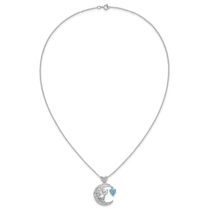 Sterling Silver Blue and Clear CZ Cat and Moon Necklace