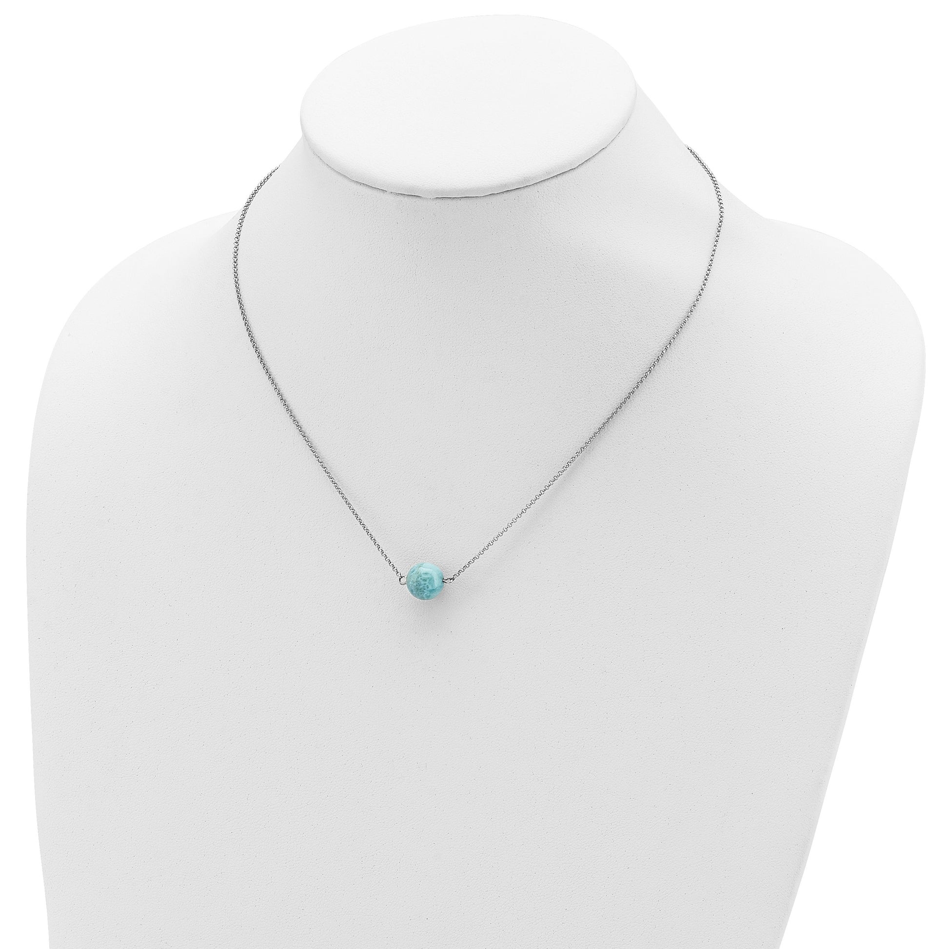 Sterling Silver Rhodium-plated Larimar Bead 16 inch w/ 2in ext. Necklace