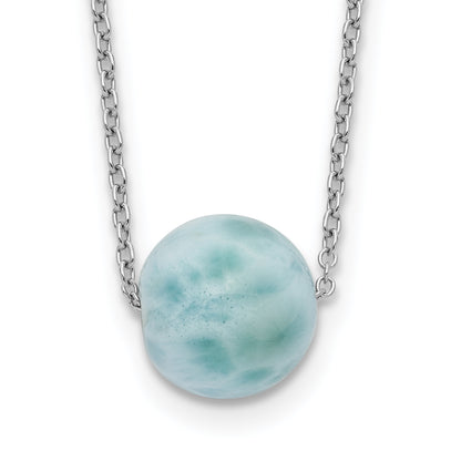 Sterling Silver Rhodium-plated Larimar Bead w/ 2in ext. Necklace