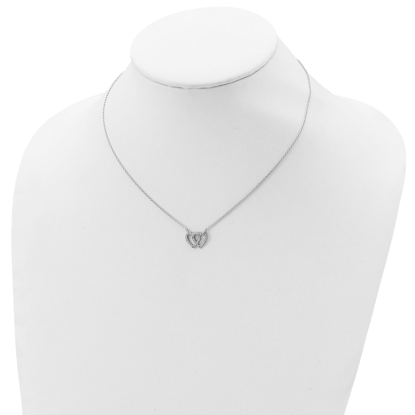 Sterling Silver Rhodium-plated Interconnected Double CZ Open Heart 16.5 inch Necklace with 1 inch extension