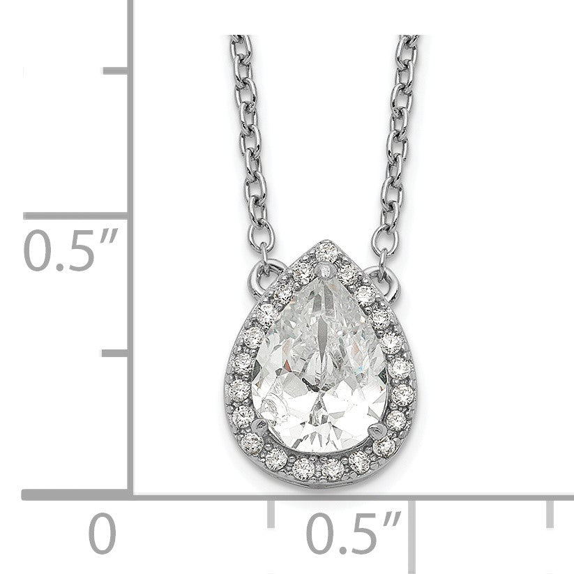 Sterling Silver Rhodium-plated Pear CZ Halo w/1in ext Necklace