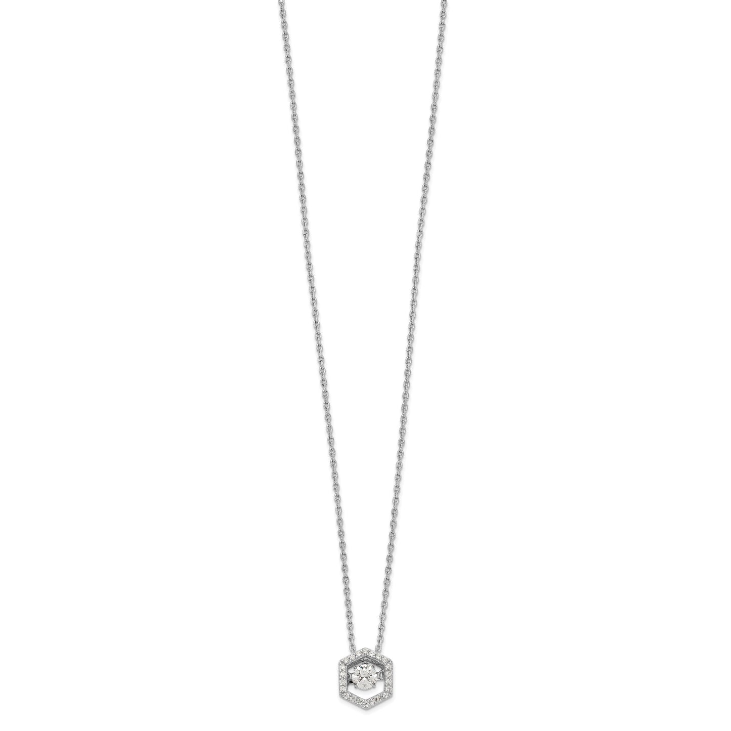 Sterling Silver Rhod-plated Hexagon Moving CZ w/2in ext Necklace