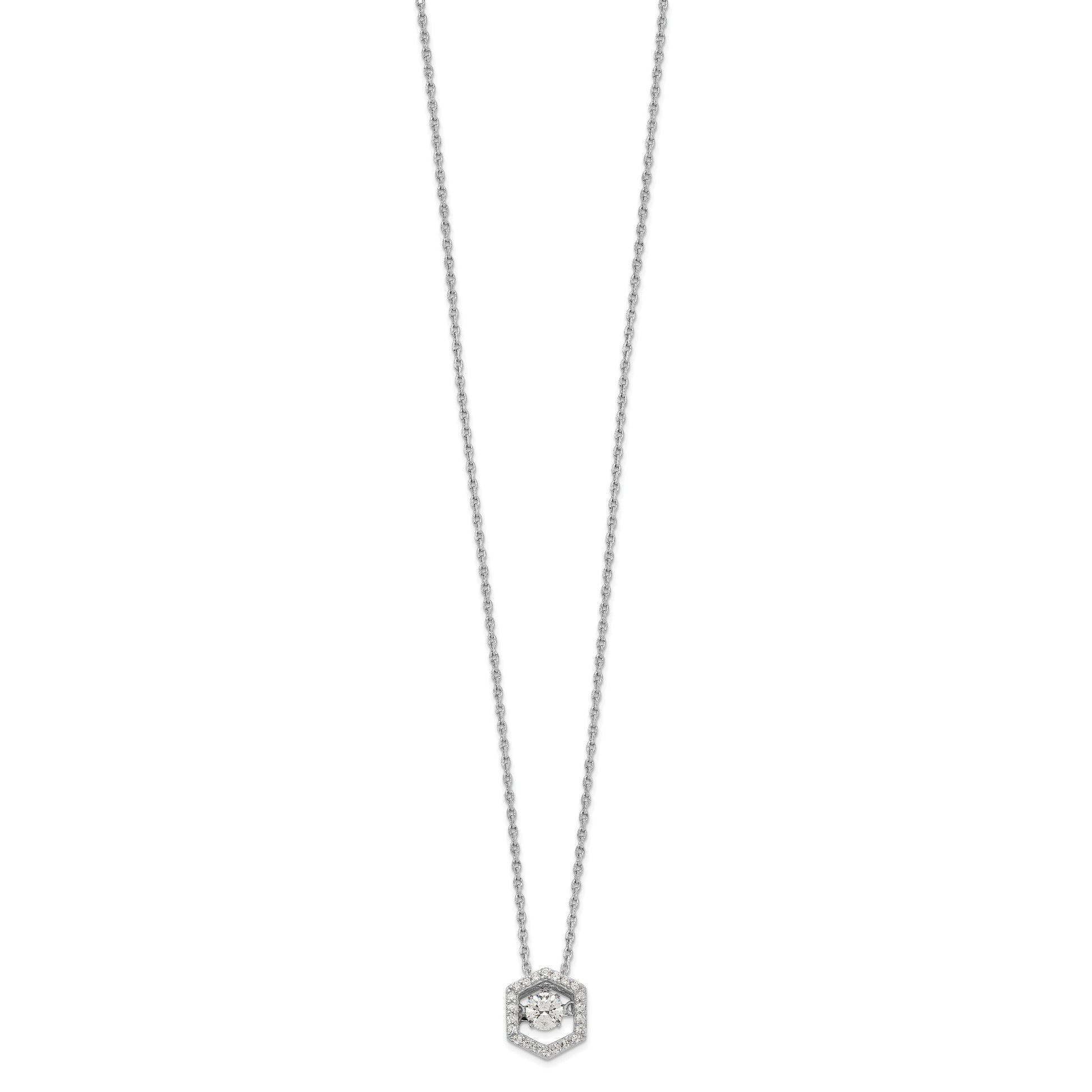 Sterling Silver Rhod-plated Hexagon Moving CZ w/2in ext Necklace