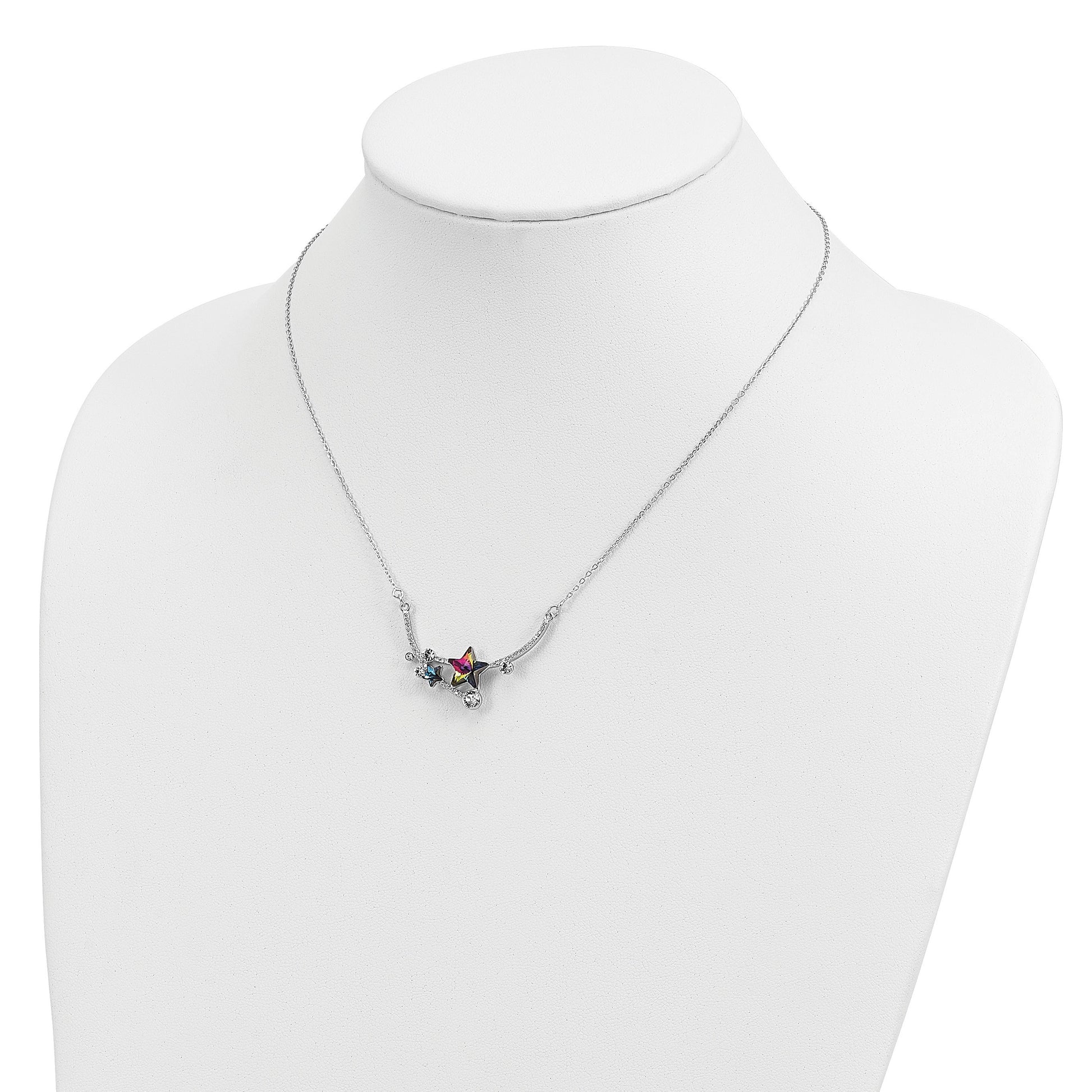 Sterling Silver RH-plated Multi-color Crystal Star w/2in ext Necklace