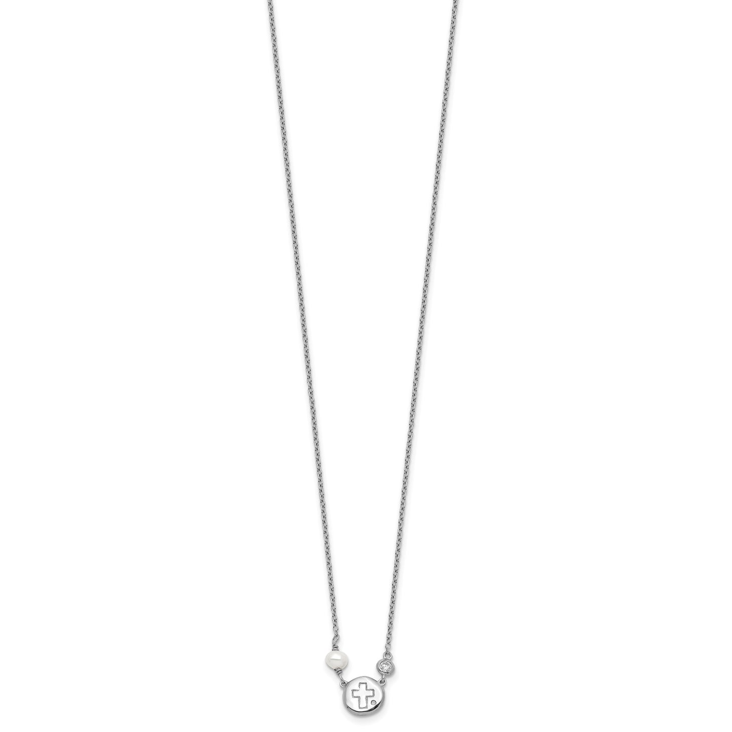 Sterling Silver RH-plated CZ/Cross/FWC Pearl w/2in ext Necklace