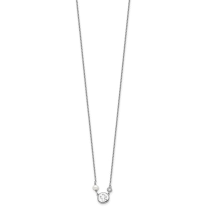 Sterling Silver RH-plated CZ/Cross/FWC Pearl w/2in ext Necklace