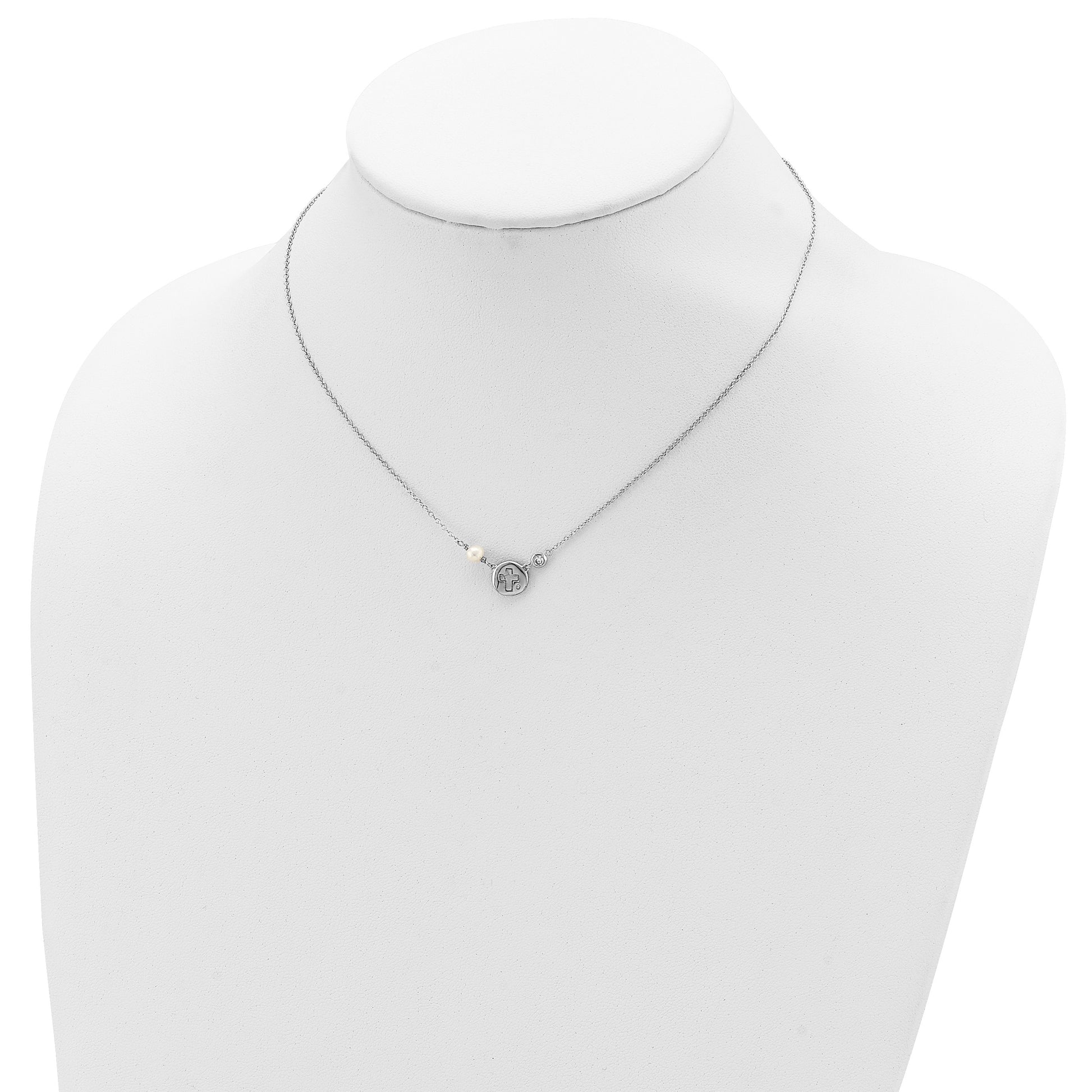 Sterling Silver RH-plated CZ/Cross/FWC Pearl w/2in ext Necklace