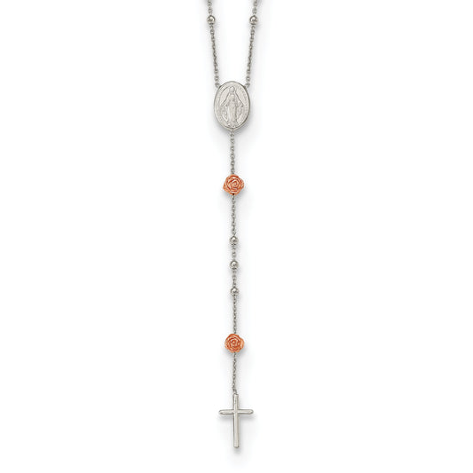 Sterling Silver RH-plated Beaded Rosary with Rose-tone Roses Necklace