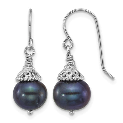 Sterling Silver Rhodium-plated 9-10mm Black Semi-Round Freshwater Cultured Pearl 18 inch Necklace and Dangle Earrings Set