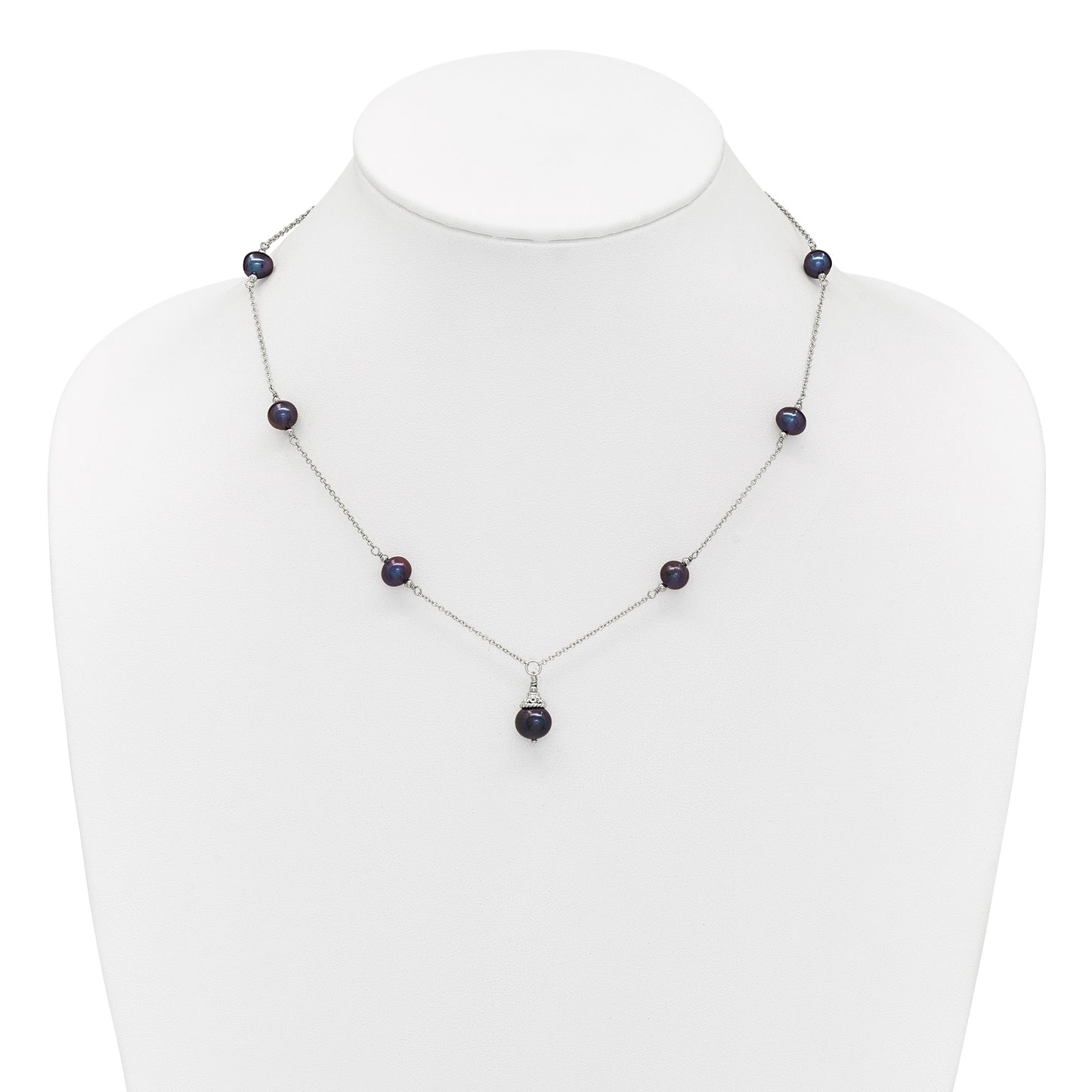 Sterling Silver Rhodium-plated 9-10mm Black Semi-Round Freshwater Cultured Pearl 18 inch Necklace and Dangle Earrings Set
