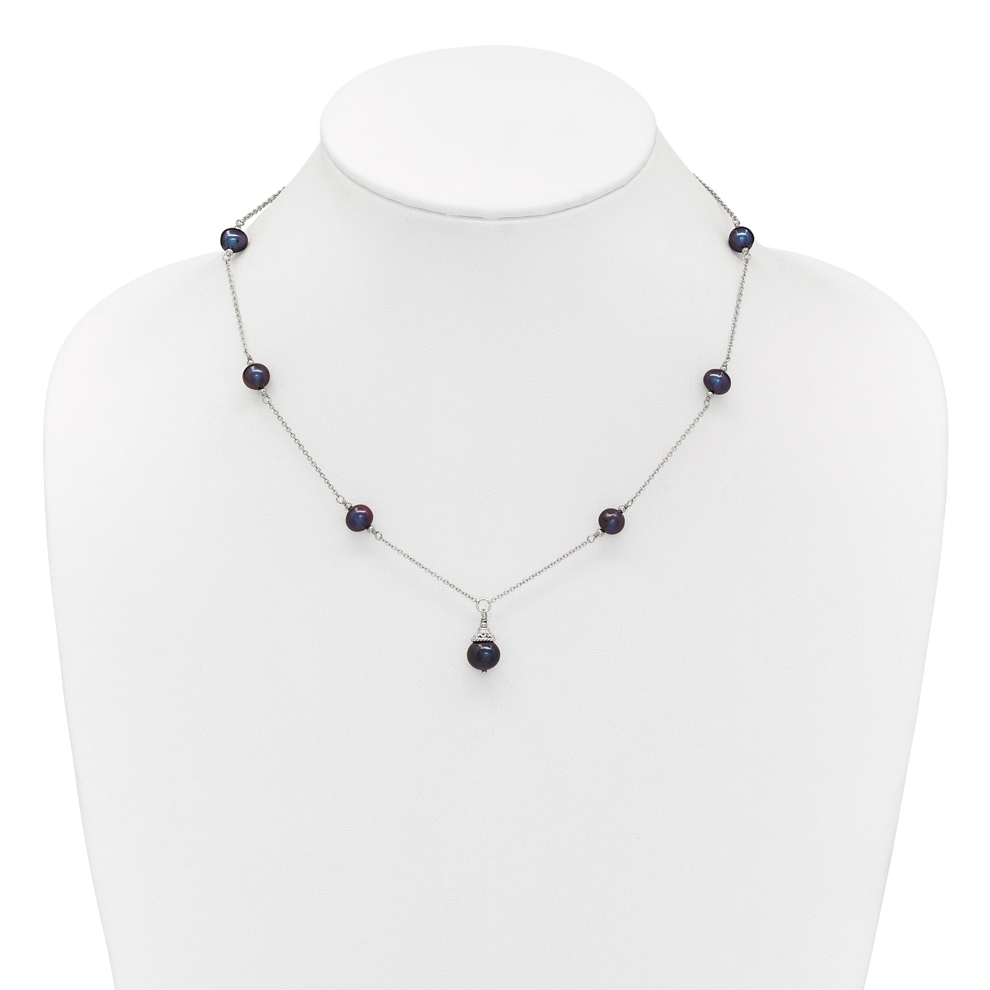 Sterling Silver Rhodium-plated 9-10mm Black Semi-Round Freshwater Cultured Pearl 18 inch Necklace and Dangle Earrings Set
