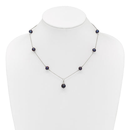 Sterling Silver Rhodium-plated 9-10mm Black Semi-Round Freshwater Cultured Pearl 18 inch Necklace and Dangle Earrings Set