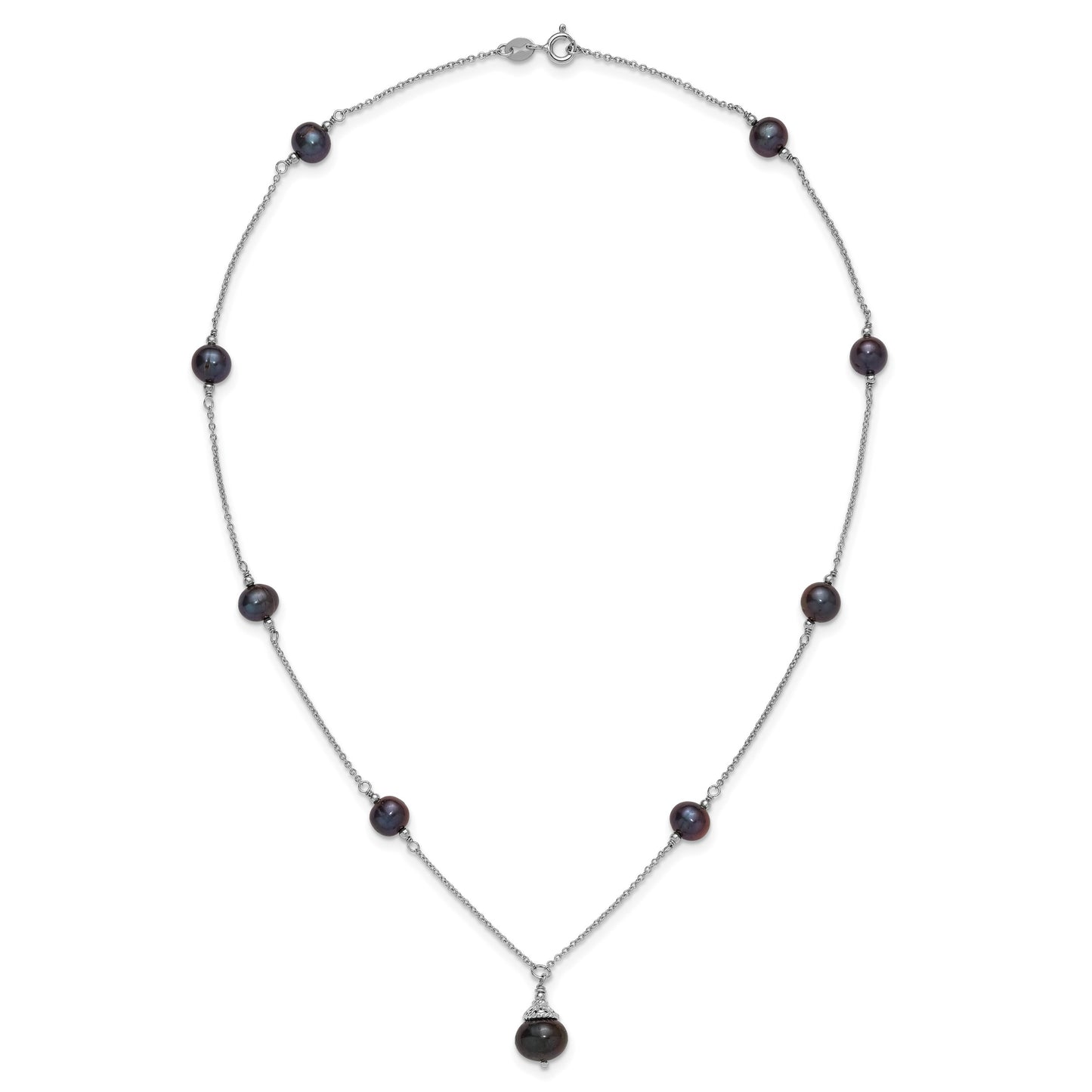 Sterling Silver Rhodium-plated 9-10mm Black Semi-Round Freshwater Cultured Pearl 18 inch Necklace and Dangle Earrings Set