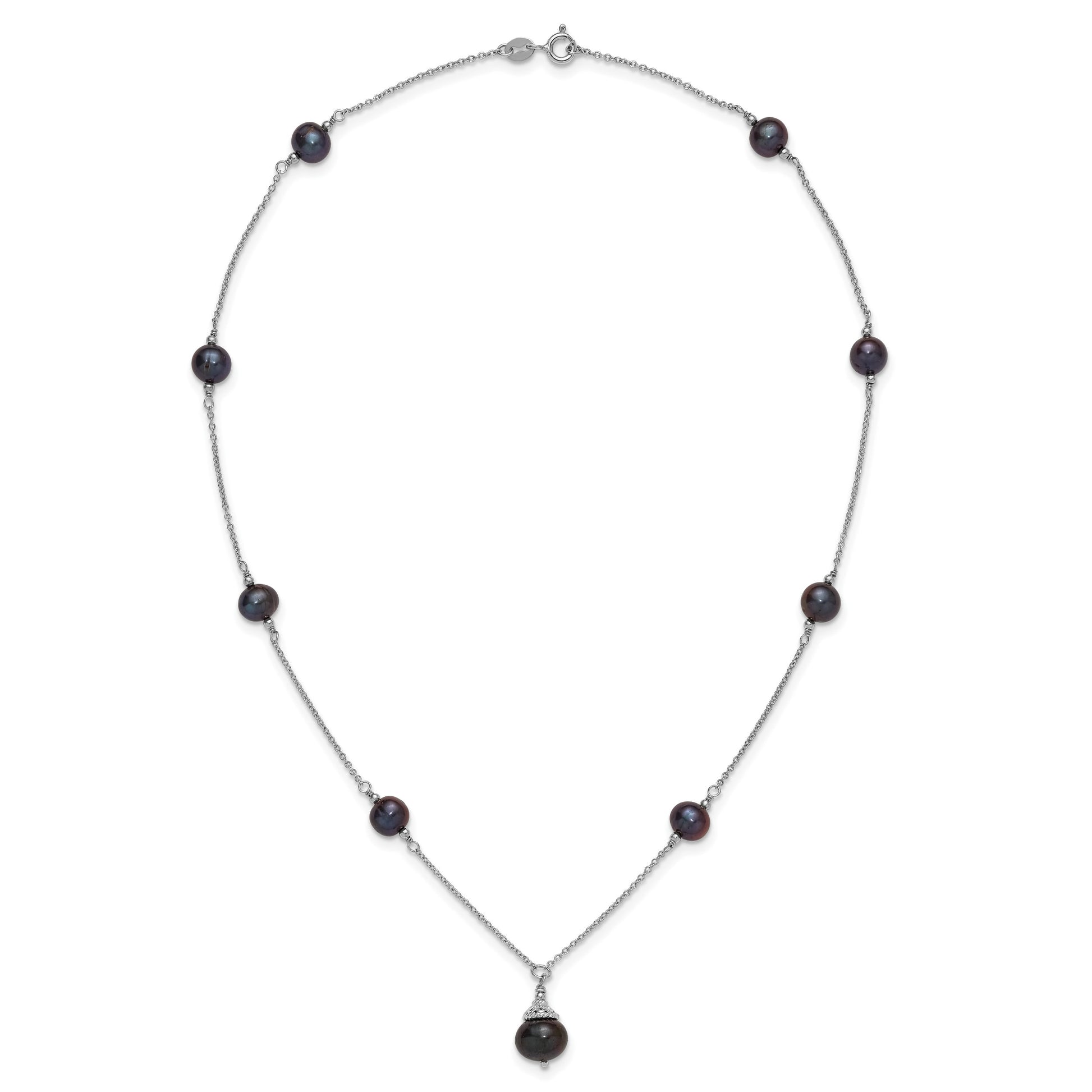 Sterling Silver Rhodium-plated 9-10mm Black Semi-Round Freshwater Cultured Pearl 18 inch Necklace and Dangle Earrings Set
