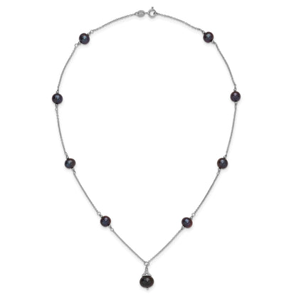Sterling Silver Rhodium-plated 9-10mm Black Semi-Round Freshwater Cultured Pearl 18 inch Necklace and Dangle Earrings Set