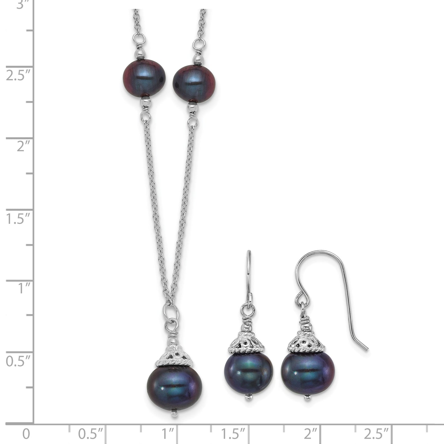 Sterling Silver Rhodium-plated 9-10mm Black Semi-Round Freshwater Cultured Pearl 18 inch Necklace and Dangle Earrings Set