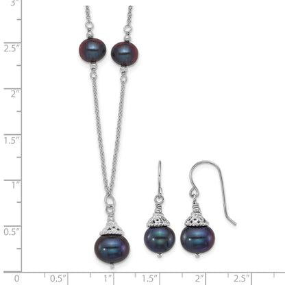 Sterling Silver Rhodium-plated 9-10mm Black Semi-Round Freshwater Cultured Pearl 18 inch Necklace and Dangle Earrings Set
