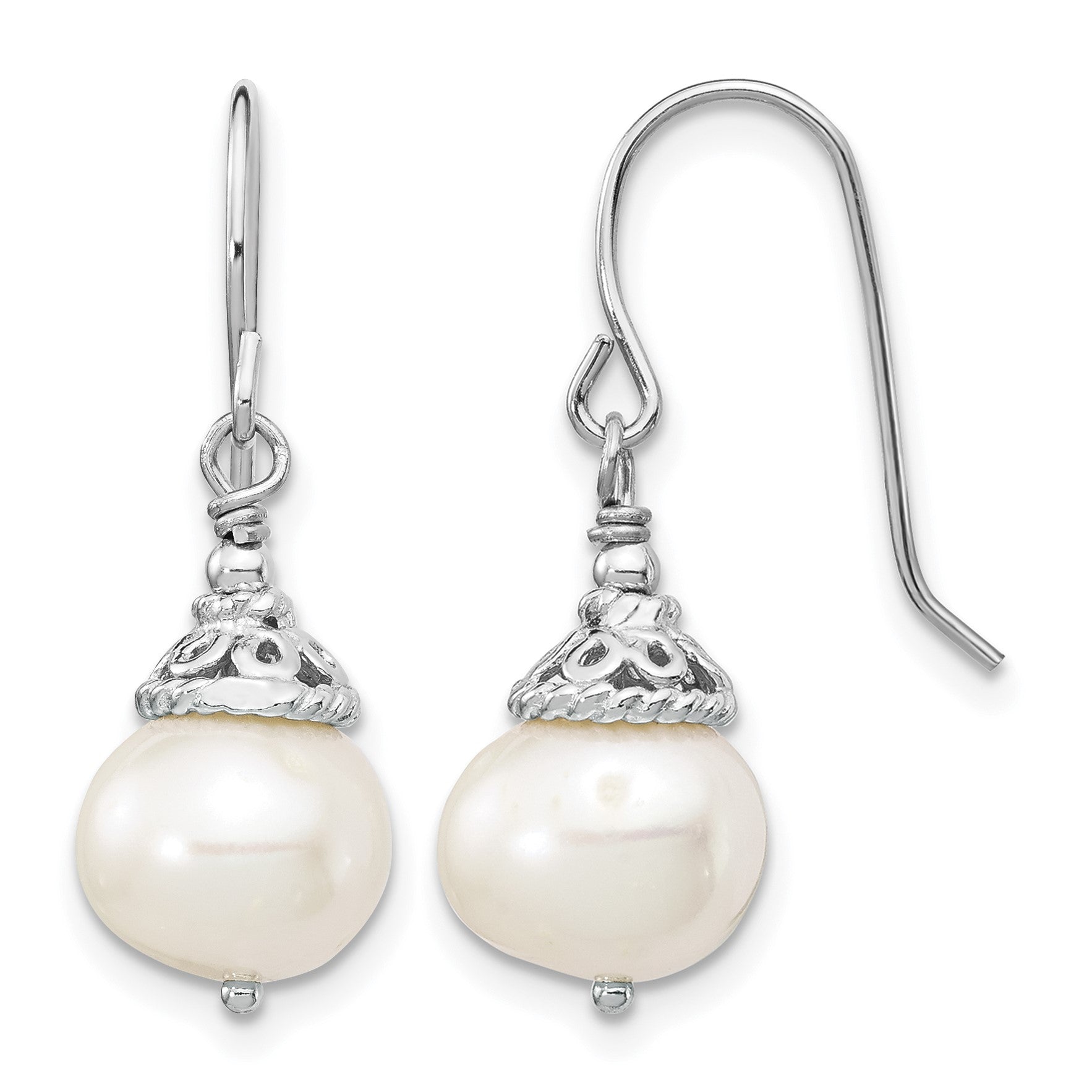 Sterling Silver Rhodium-plated 9-10mm White Near-Round Freshwater Cultured Pearl 18 inch Necklace and Dangle Earrings Set