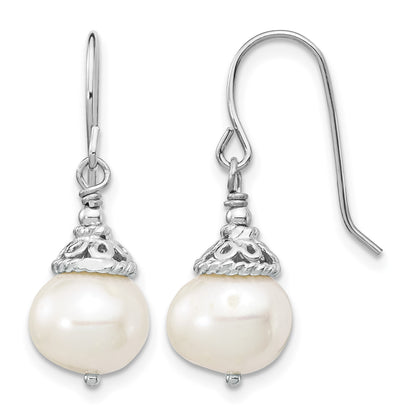 Sterling Silver Rhodium-plated 9-10mm White Near-Round Freshwater Cultured Pearl 18 inch Necklace and Dangle Earrings Set