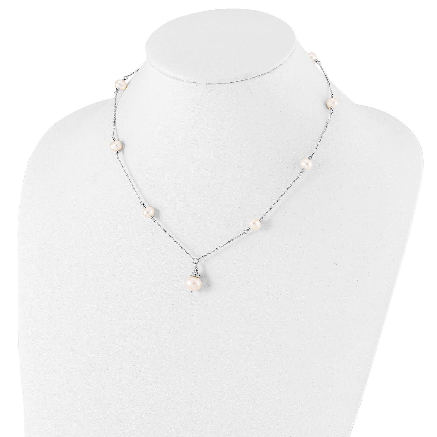 Sterling Silver Rhodium-plated 9-10mm White Near-Round Freshwater Cultured Pearl 18 inch Necklace and Dangle Earrings Set