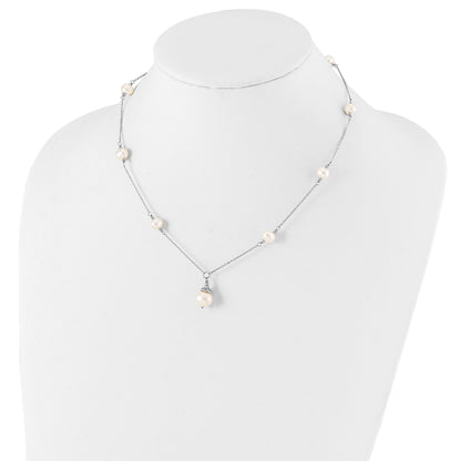 Sterling Silver Rhodium-plated 9-10mm White Near-Round Freshwater Cultured Pearl 18 inch Necklace and Dangle Earrings Set