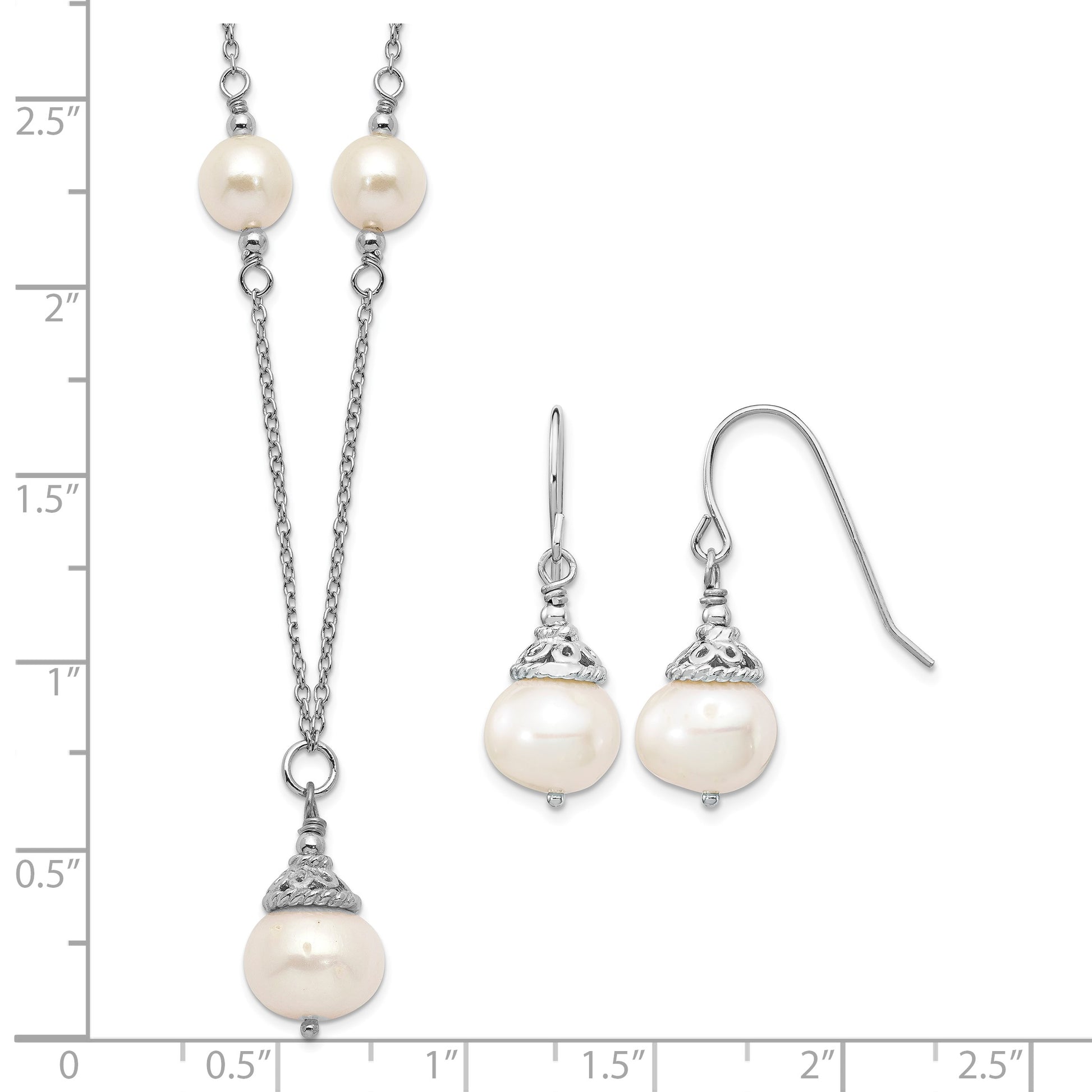 Sterling Silver Rhodium-plated 9-10mm White Near-Round Freshwater Cultured Pearl 18 inch Necklace and Dangle Earrings Set
