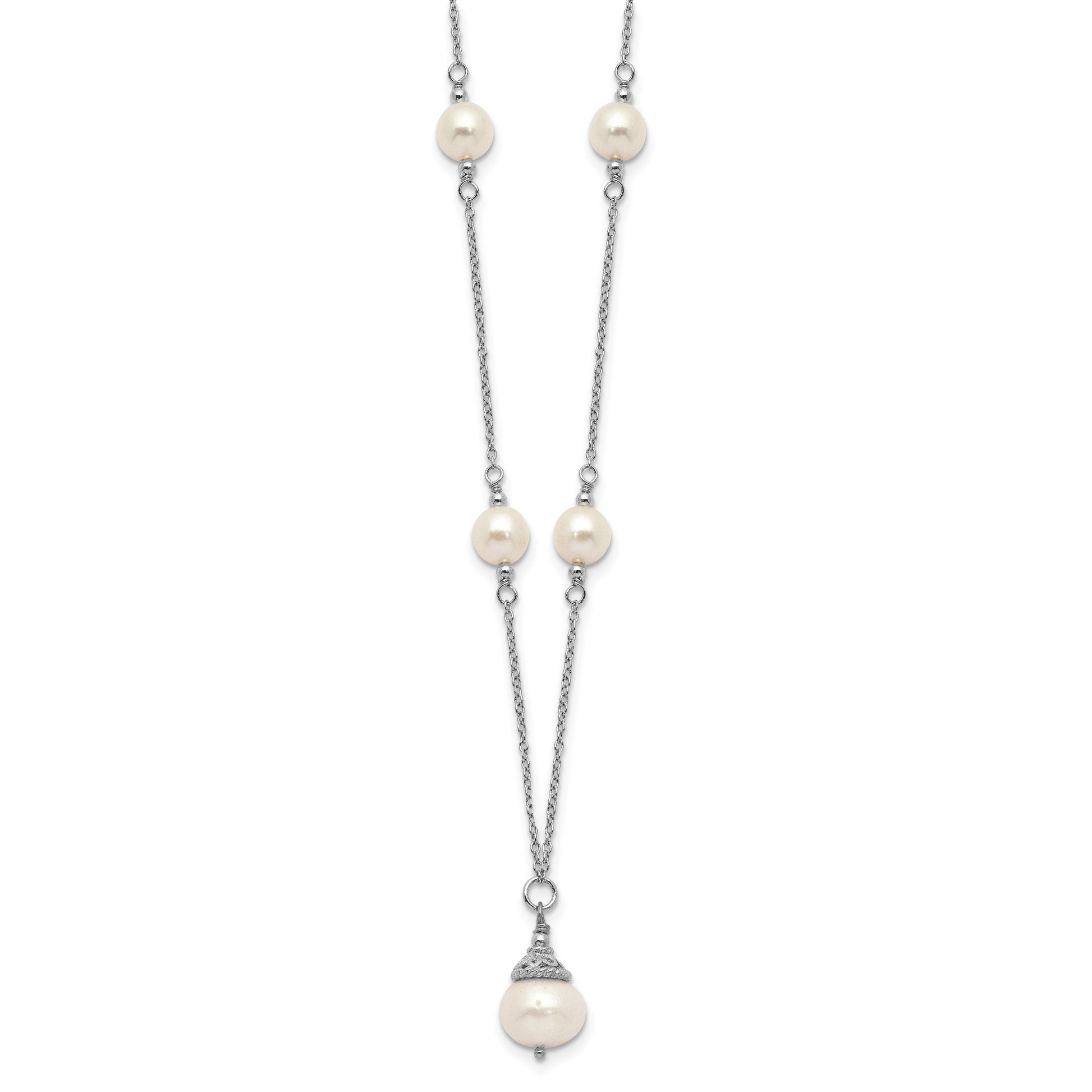 Sterling Silver Rhodium-plated 9-10mm White Near-Round Freshwater Cultured Pearl 18 inch Necklace and Dangle Earrings Set