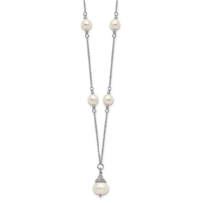 Sterling Silver Rhodium-plated 9-10mm White Near-Round Freshwater Cultured Pearl 18 inch Necklace and Dangle Earrings Set
