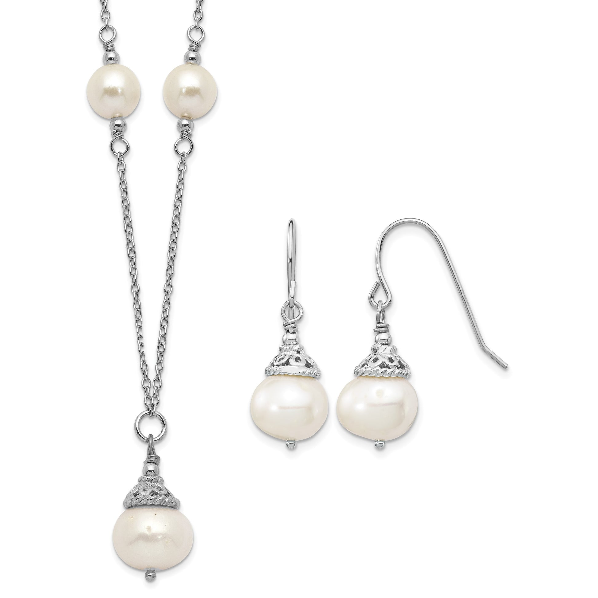 Sterling Silver Rhodium-plated 9-10mm White Near-Round Freshwater Cultured Pearl 18 inch Necklace and Dangle Earrings Set