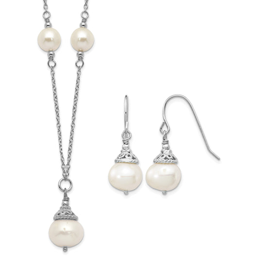 Sterling Silver Rhodium-plated 9-10mm White Near-Round Freshwater Cultured Pearl 18 inch Necklace and Dangle Earrings Set