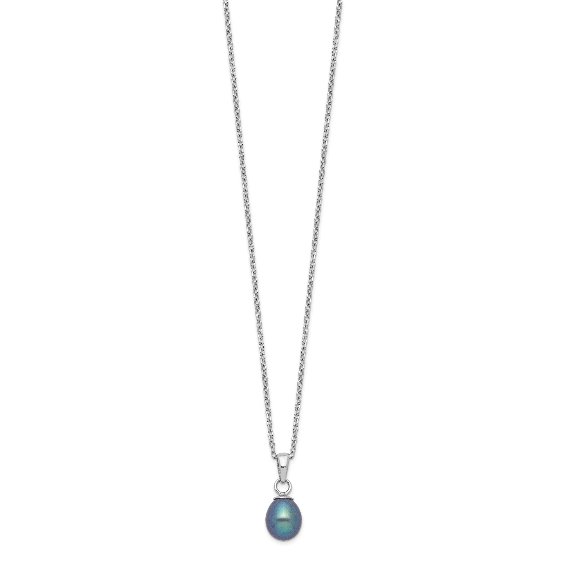 Sterling Silver Rhodium-plated 6-7mm Black Teardrop Freshwater Cultured Pearl 17 inch Necklace and Button Post Earrings Set