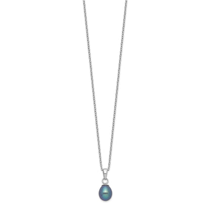 Sterling Silver Rhodium-plated 6-7mm Black Teardrop Freshwater Cultured Pearl 17 inch Necklace and Button Post Earrings Set