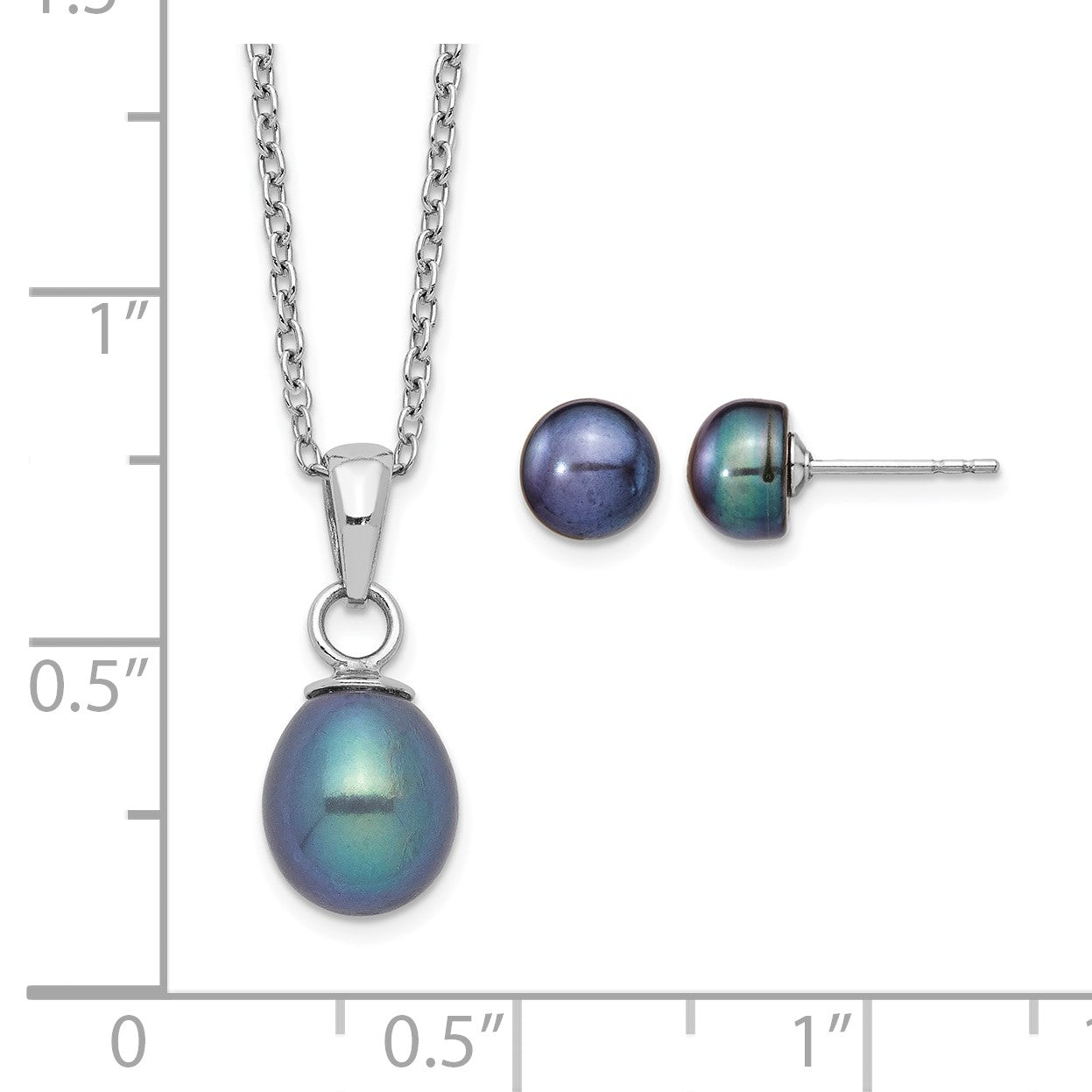 Sterling Silver Rhodium-plated 6-7mm Black Teardrop Freshwater Cultured Pearl 17 inch Necklace and Button Post Earrings Set