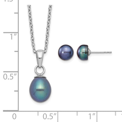 Sterling Silver Rhodium-plated 6-7mm Black Teardrop Freshwater Cultured Pearl 17 inch Necklace and Button Post Earrings Set