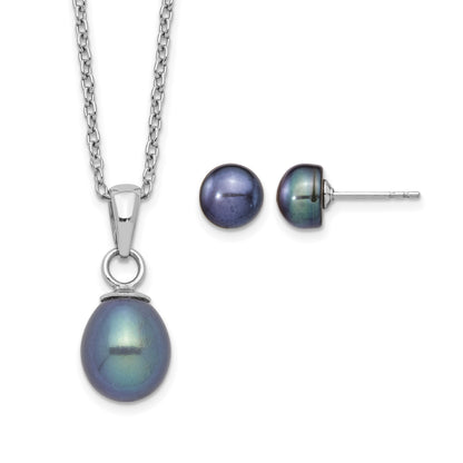 Sterling Silver Rhodium-plated 6-7mm Black Teardrop Freshwater Cultured Pearl 17 inch Necklace and Button Post Earrings Set