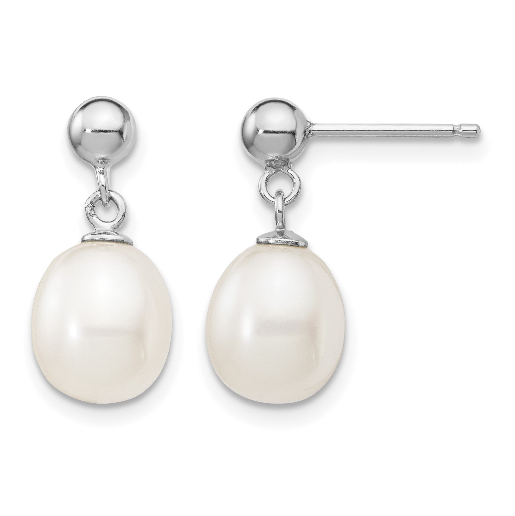 Sterling Silver Rhodium-plated 8-9mm White Rice Freshwater Cultured Pearl 18 inch Necklace and Post Dangle Earrings Set