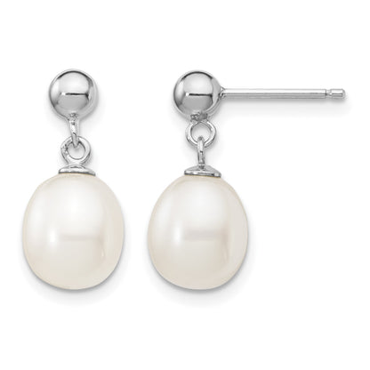 Sterling Silver Rhodium-plated 8-9mm White Rice Freshwater Cultured Pearl 18 inch Necklace and Post Dangle Earrings Set
