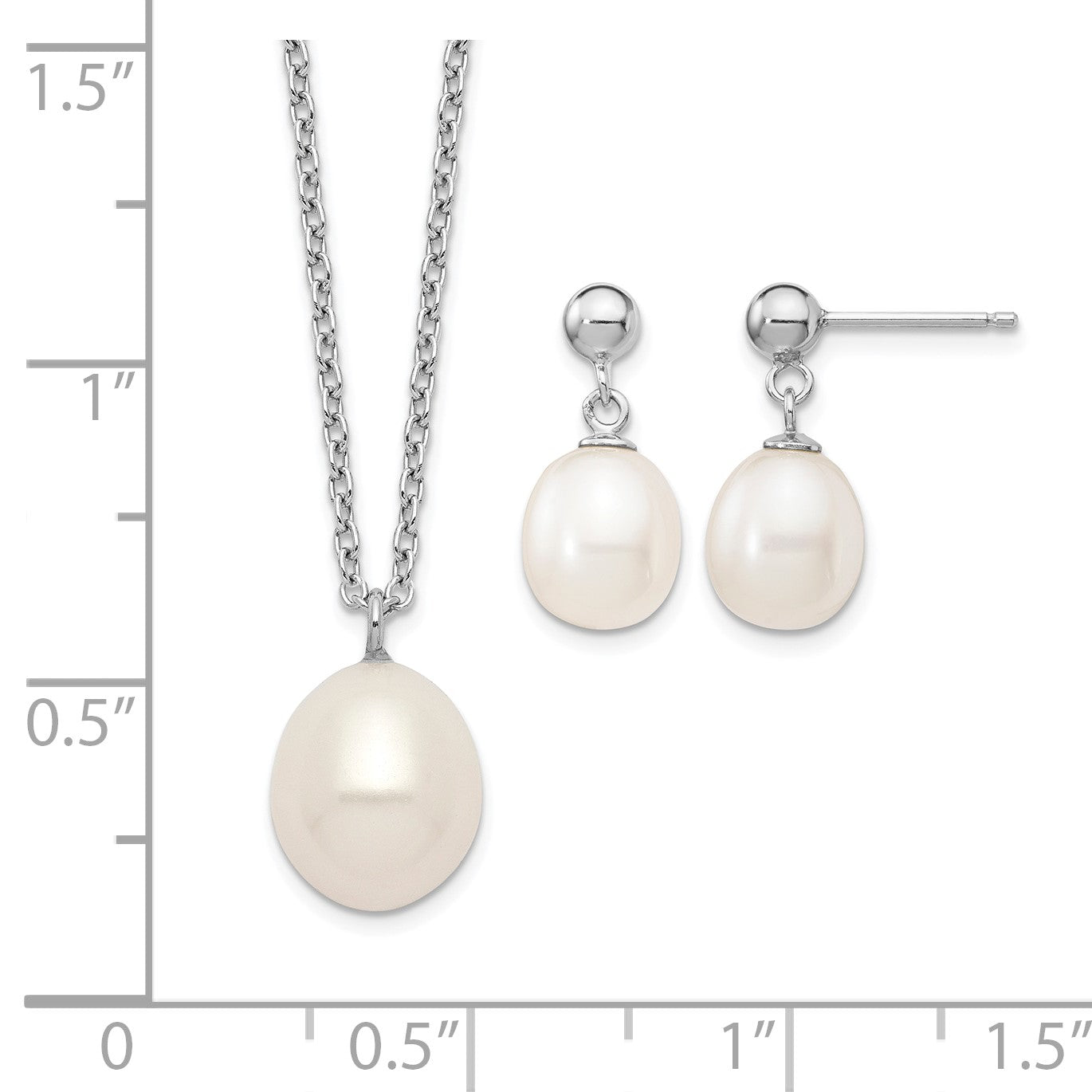 Sterling Silver Rhodium-plated 8-9mm White Rice Freshwater Cultured Pearl 18 inch Necklace and Post Dangle Earrings Set