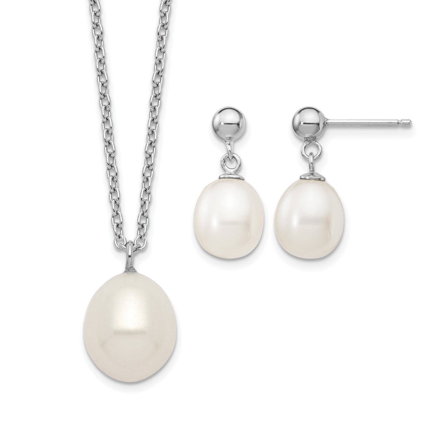 Sterling Silver Rhodium-plated 8-9mm White Rice Freshwater Cultured Pearl 18 inch Necklace and Post Dangle Earrings Set