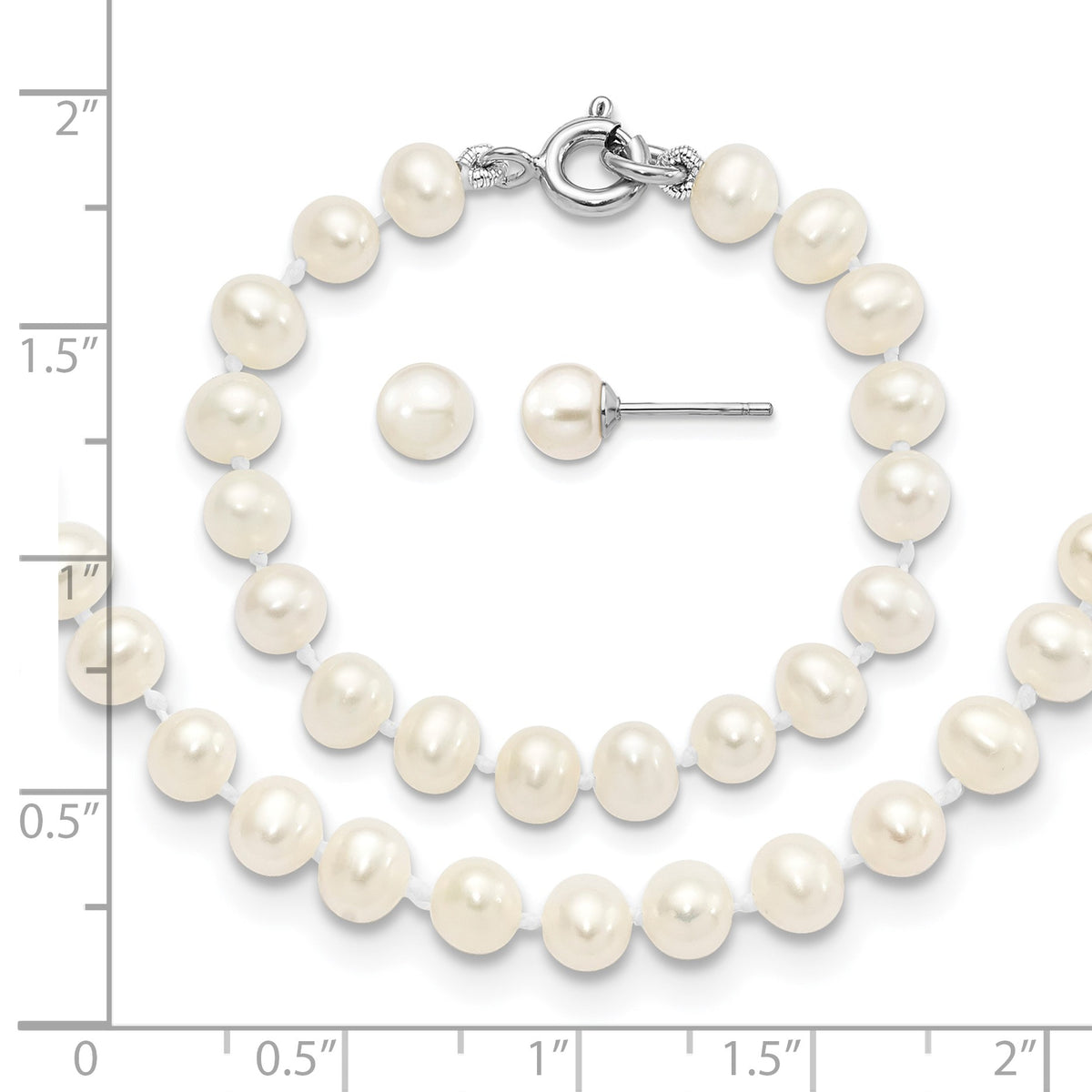 Sterling Silver Madi K Rhodium-plated 5-6mm White Semi-Round Freshwater Cultured Pearl 12 inch Necklace, 4 inch Bracelet & Post Earrings Set