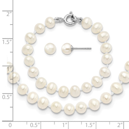 Sterling Silver Madi K Rhodium-plated 5-6mm White Semi-Round Freshwater Cultured Pearl 12 inch Necklace, 4 inch Bracelet & Post Earrings Set