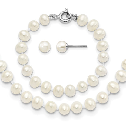 Sterling Silver Madi K Rhodium-plated 5-6mm White Semi-Round Freshwater Cultured Pearl 12 inch Necklace, 4 inch Bracelet & Post Earrings Set