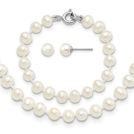 Sterling Silver Madi K Rhodium-plated 5-6mm White Semi-Round Freshwater Cultured Pearl 12 inch Necklace, 4 inch Bracelet & Post Earrings Set