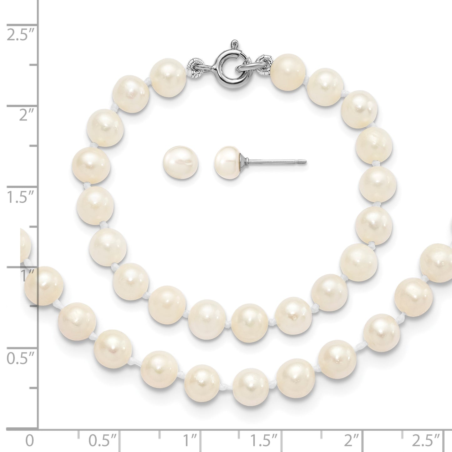 Sterling Silver Madi K Rhodium-plated 5-6mm White Semi-Round Freshwater Cultured Pearl 12 inch Necklace, 4 inch Bracelet & Button Post Earrings Set