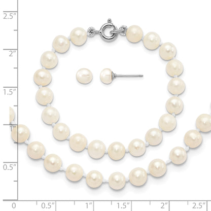 Sterling Silver Madi K Rhodium-plated 5-6mm White Semi-Round Freshwater Cultured Pearl 12 inch Necklace, 4 inch Bracelet & Button Post Earrings Set