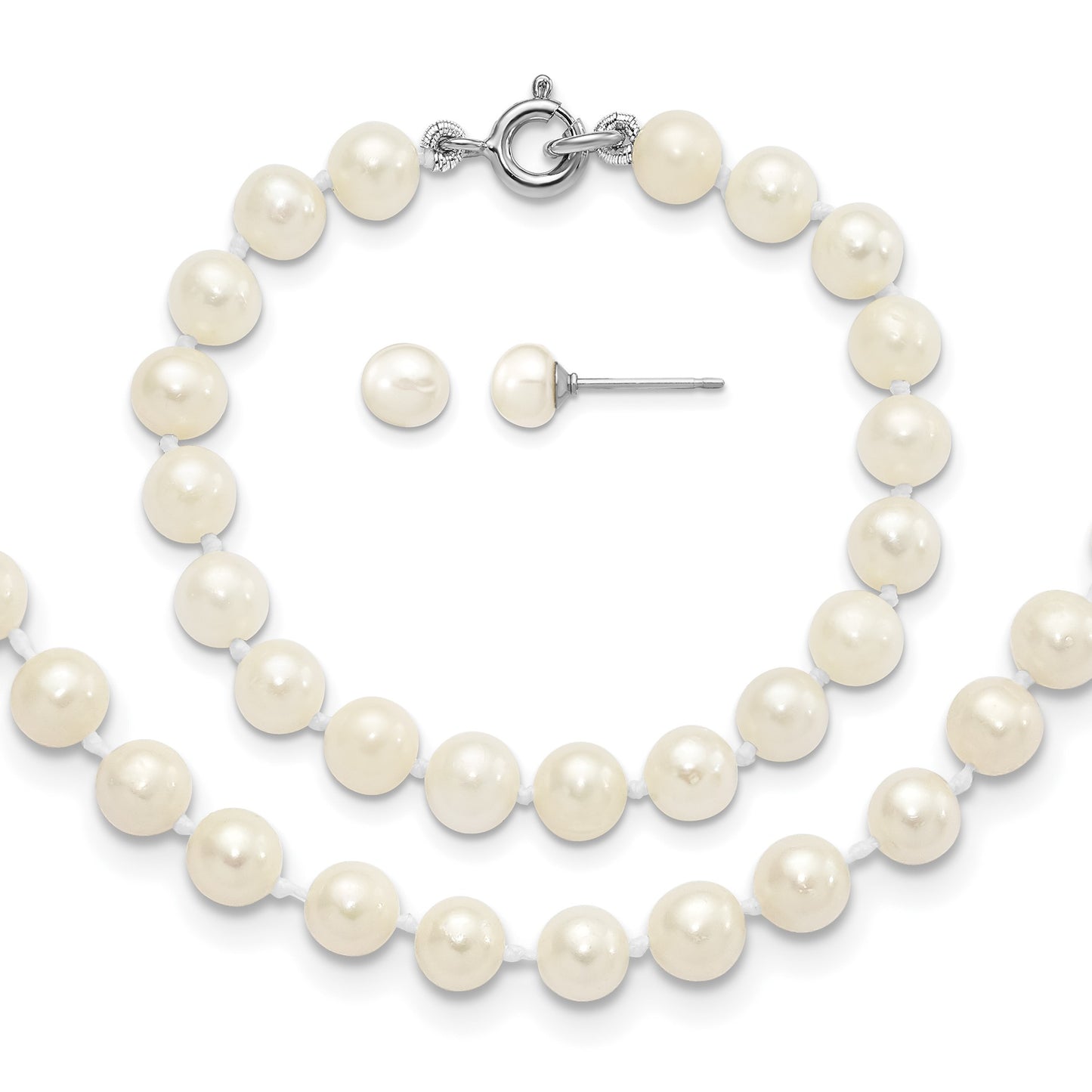 Sterling Silver Madi K Rhodium-plated 5-6mm White Semi-Round Freshwater Cultured Pearl 12 inch Necklace, 4 inch Bracelet & Button Post Earrings Set