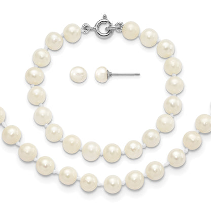Sterling Silver Madi K Rhodium-plated 5-6mm White Semi-Round Freshwater Cultured Pearl 12 inch Necklace, 4 inch Bracelet & Button Post Earrings Set