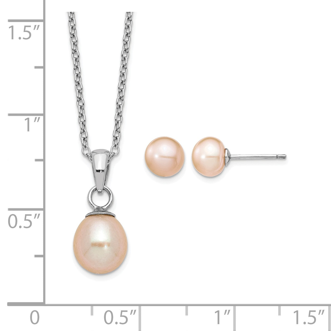 Sterling Silver Rhodium-plated 6-7mm Pink Teardrop Freshwater Cultured Pearl 17 inch Necklace and Button Post Earrings Set