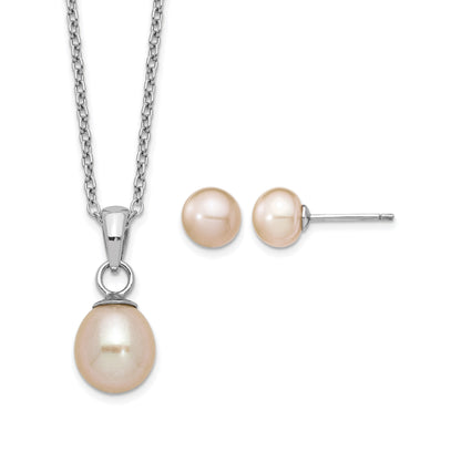 Sterling Silver Rhodium-plated 6-7mm Pink Teardrop Freshwater Cultured Pearl 17 inch Necklace and Button Post Earrings Set