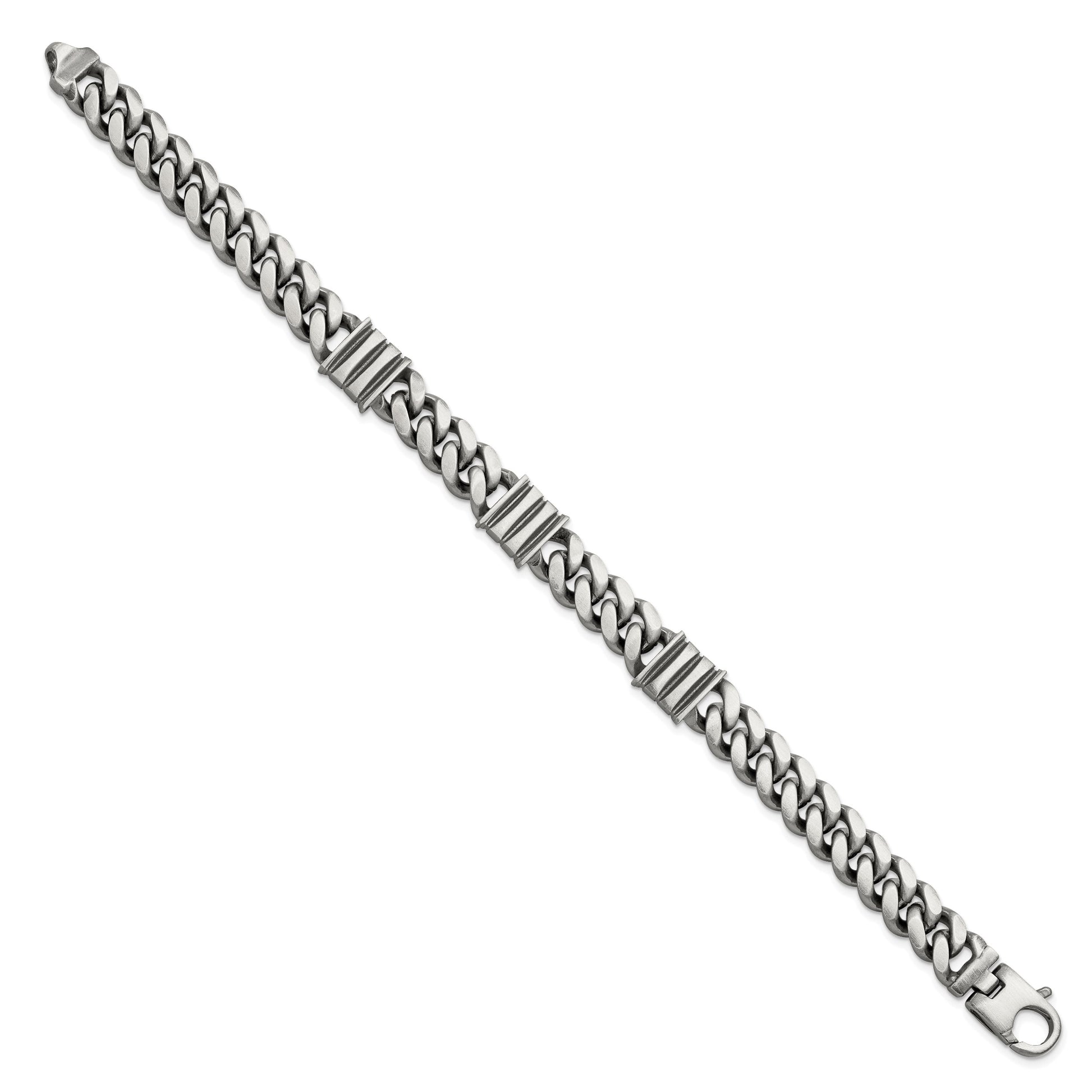 Sterling Silver Mens Antiqued Brushed Curb/Bar Bracelet